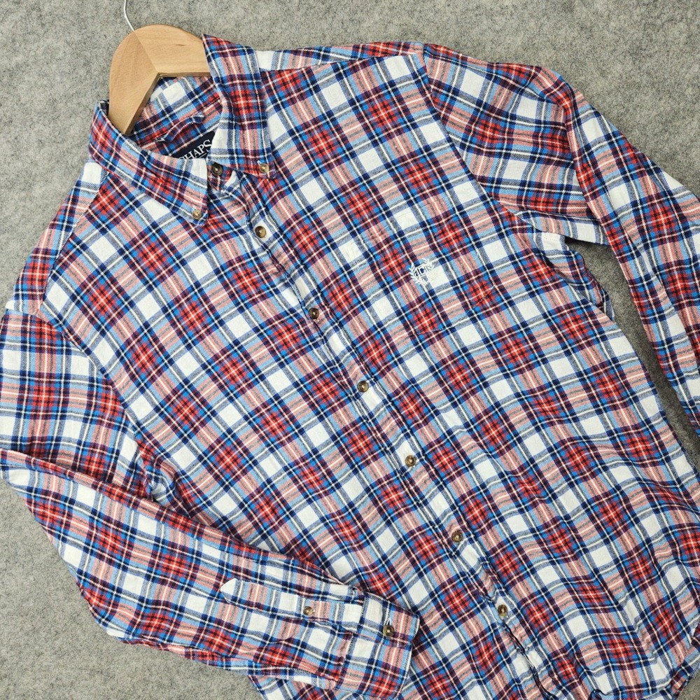 Chaps Button Down Shirt Men's Medium Red White Blue Plaid Brushed Flannel Cotton